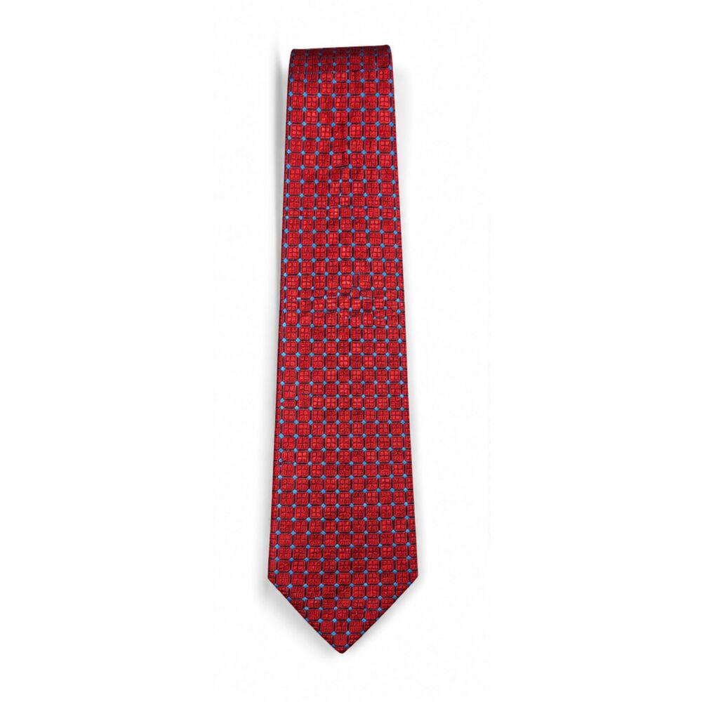 HERMES Designer Luxury Silk Tie Red Squares with Blue Accents